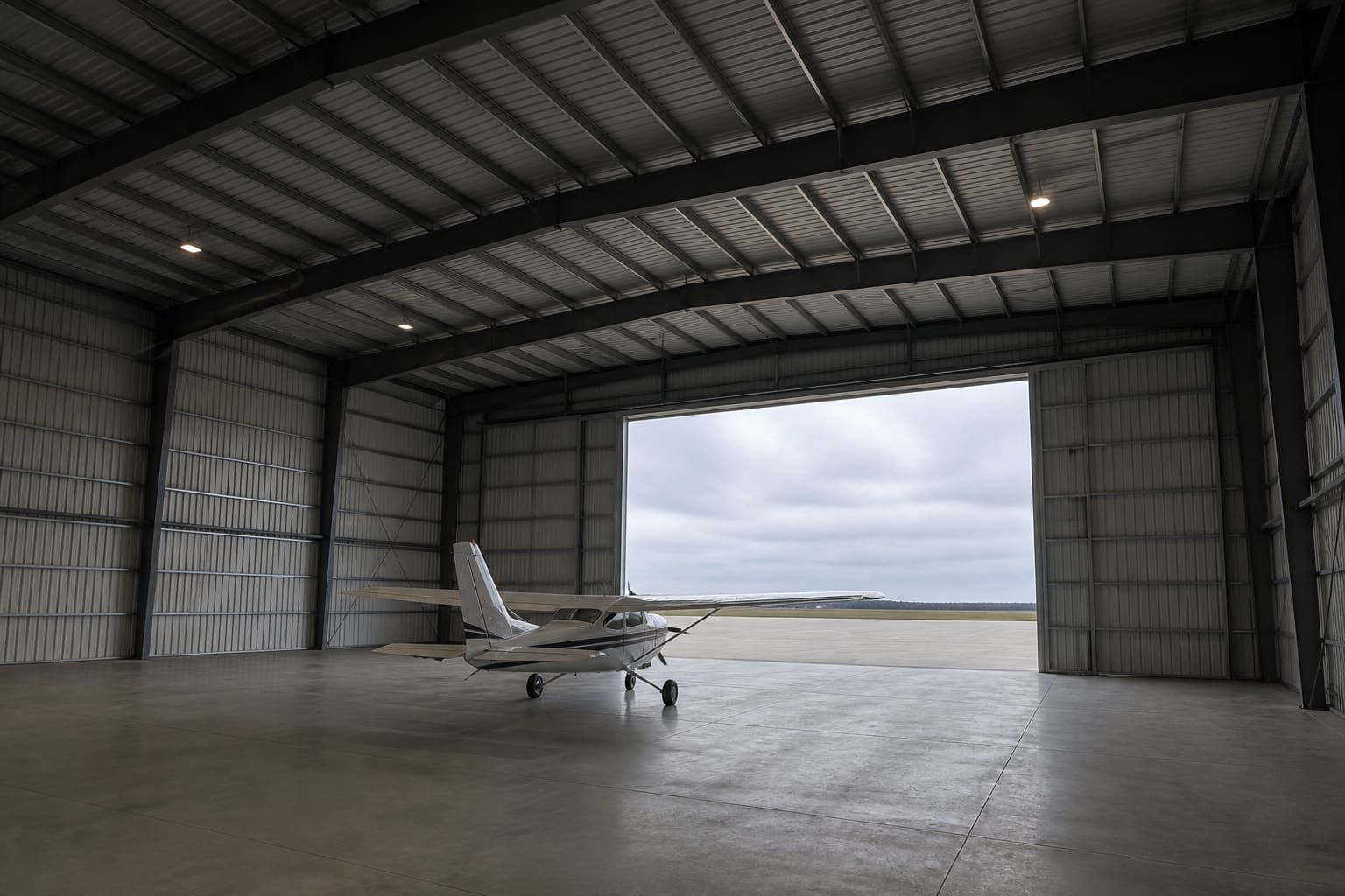Steel aircraft hangar with open doors