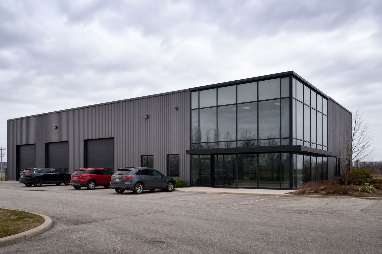 Commercial steel building with an office front