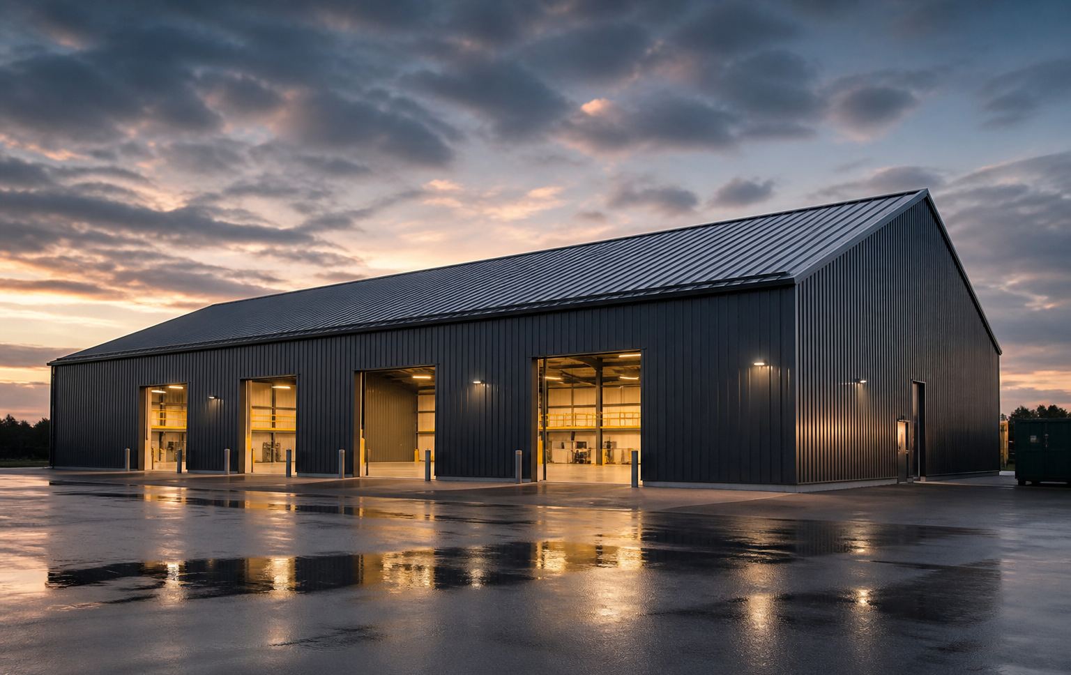 Steel warehouse at dusk with loading bays lit from inside